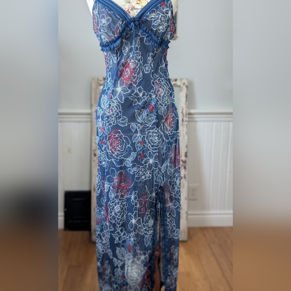 La Vie En Rose floral‎ Lace Nightgown - Blue and Red - Picture 2 of 9